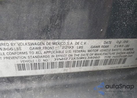 2009 Volkswagen Jetta S из США, поврежденный, VIN 3VWHZ71K59M134060